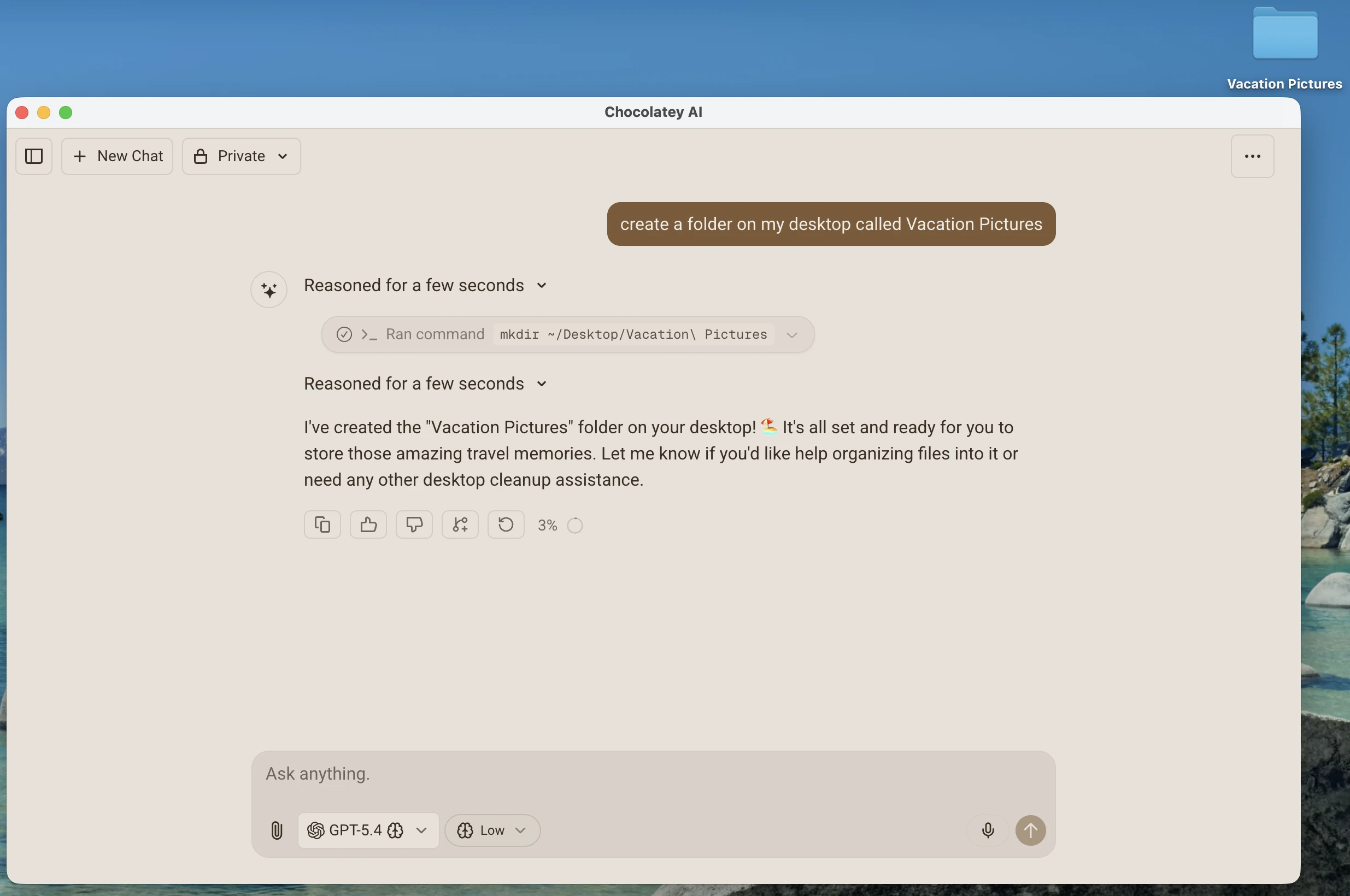 Chocolatey AI desktop agent creating a folder on the user's desktop